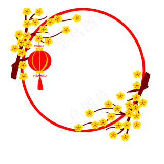 大红灯笼梅花枝圆形边框,免抠元素