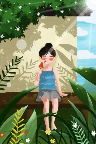 春天夏季女孩吃棒冰乘凉立夏初夏夏至大暑
