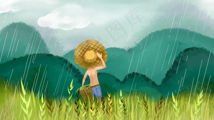 绿色系水彩风谷雨清明农民稻田下雨配图(2880X1620(DPI:300))psd模版下载
