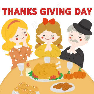 感恩节吃火鸡正在祈祷的一家人,免抠元素