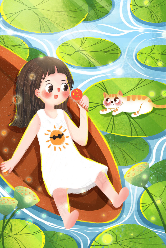 小清新小暑节气女孩船上吃冰激凌(3545*5315px 300 dpi )psd模版下载
