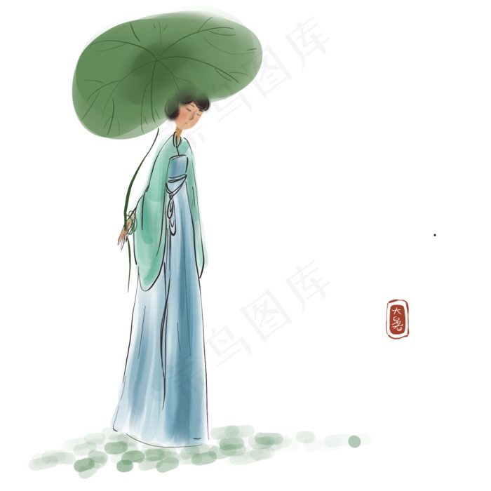 荷叶和古代仕女(2000X2000(DPI:300))psd模版下载