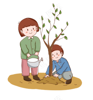 卡通手绘男孩和女孩植树节辛勤育