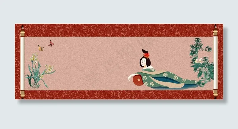 中国风素雅仕女图深红色画卷(1920*700px 	       )psd模版下载