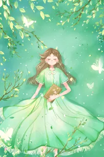 绿色唯美卡通治愈小清新夏季在深林午睡配图 绿色唯美卡通治愈小清新夏季在深林午睡配图