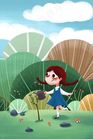春天春季植树节女孩浇水种树小清新
