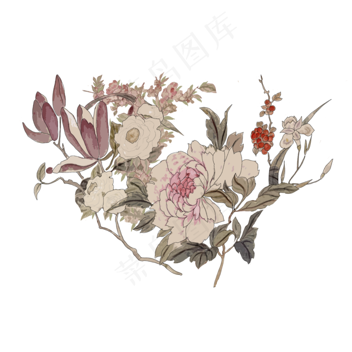 中国水墨花卉牡丹玉兰写意唯美国,免抠元素