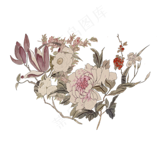 中国水墨花卉牡丹玉兰写意唯美国,免抠元素