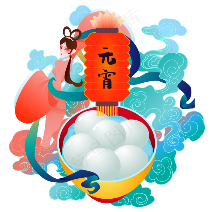 元宵节古风美女和汤圆,免抠元素(2090*2090px 300 dpi )ai矢量模版下载