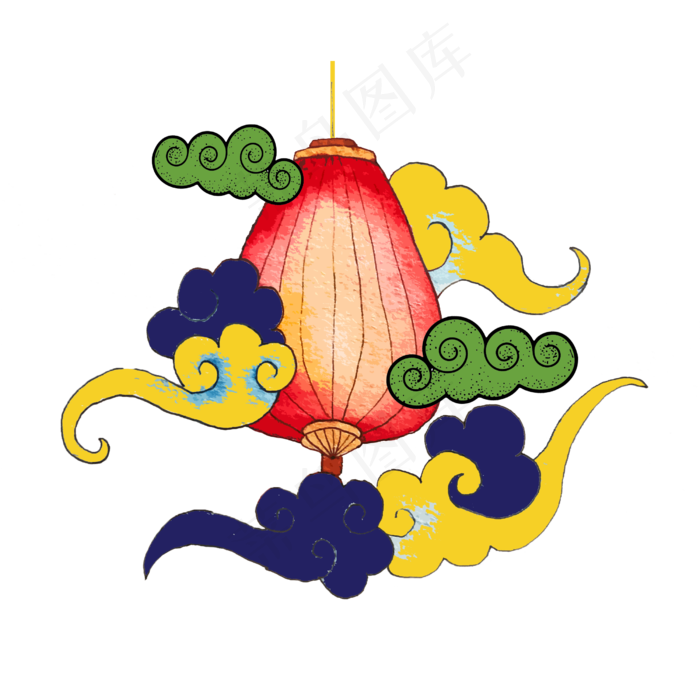 中国古典国潮彩色云朵灯笼装饰(2500X2500(DPI:300))psd模版下载