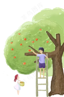 卡通手绘父亲节爸爸摘苹果