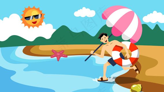 蓝色系扁平风立夏沙滩男孩配图