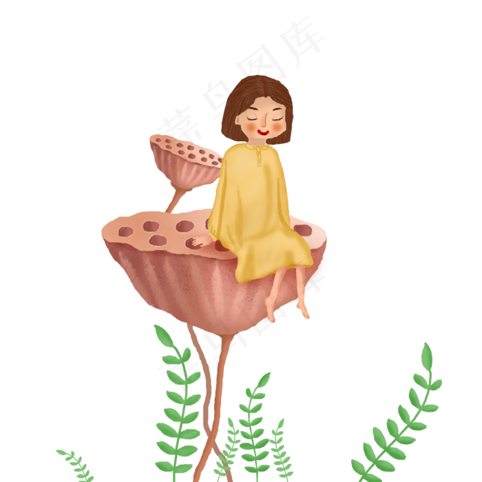 卡通坐在莲蓬上的小女孩,免抠元素