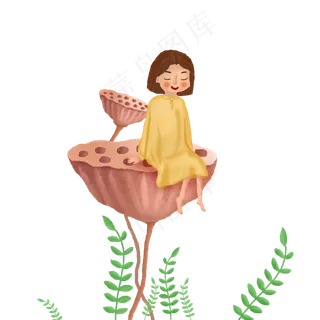 卡通坐在莲蓬上的小女孩,免抠元素