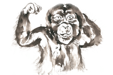 伸懒腰的猩猩水墨画PNG免抠素材