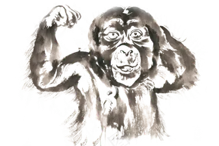 伸懒腰的猩猩水墨画PNG免抠素材