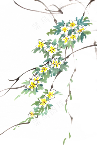 淡雅花卉水墨画PNG免抠素材