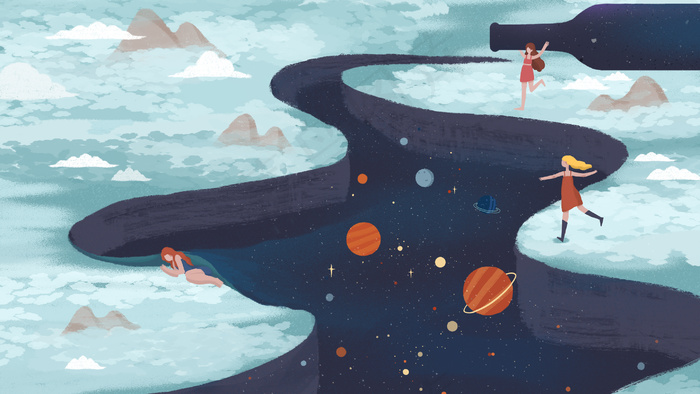 治愈星空创意星河女孩与瓶子