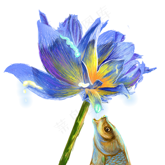 手绘蓝色花朵露珠滴落鱼儿吃元素