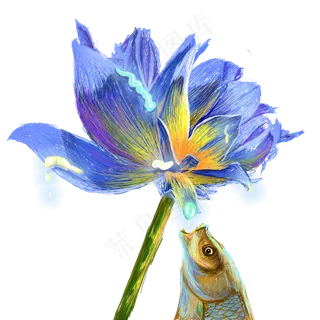 手绘蓝色花朵露珠滴落鱼儿吃元素