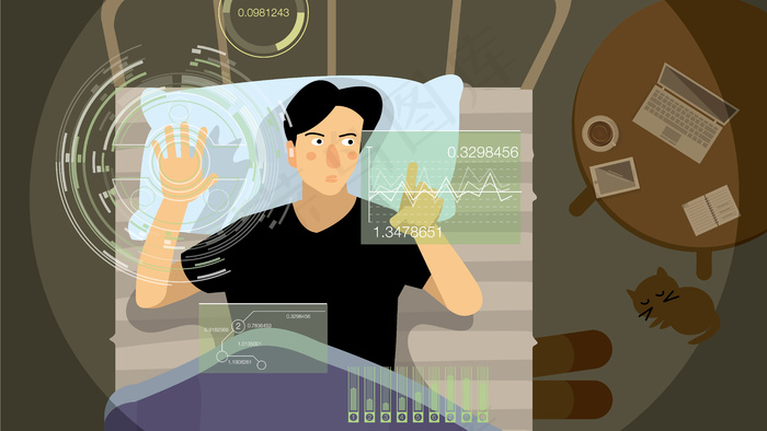 躺在床上用高科技办公的帅哥