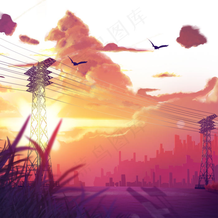 彩色创意太阳落山元素,免抠元素