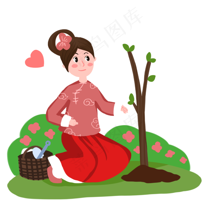 植树节古装女孩快乐种树手绘人物