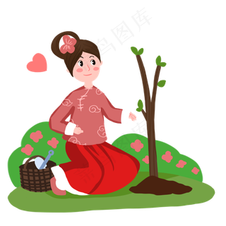 植树节古装女孩快乐种树手绘人物