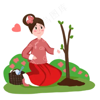 植树节古装女孩快乐种树手绘人物