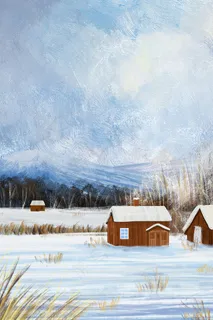 立冬节气房屋雪地风景油画 立冬节气房屋雪地风景油画
