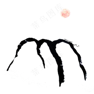 水墨简约线条山水红日国画PNG,免抠元素