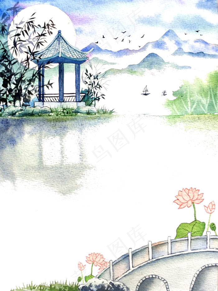 中国古风水彩装饰边框夏日荷花明,免抠元素(3000*4000px 300 dpi )psd模版下载