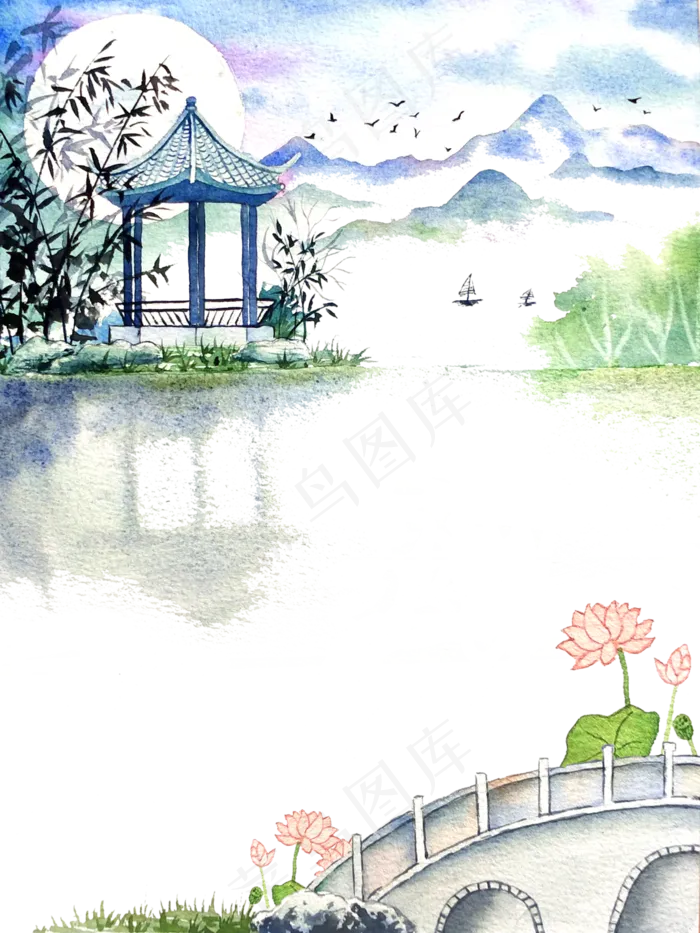 中国古风水彩装饰边框夏日荷花明,免抠元素