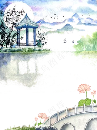 中国古风水彩装饰边框夏日荷花明,免抠元素