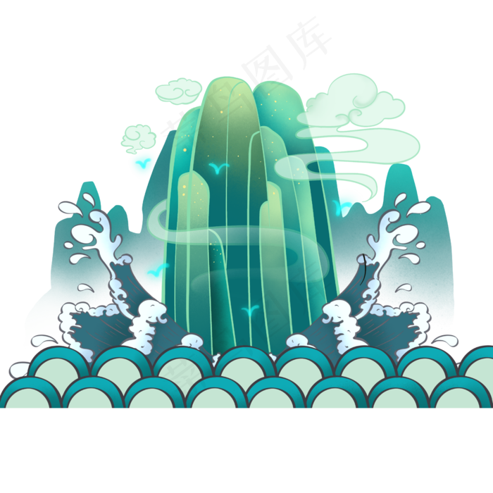 国潮海浪山峰,免抠元素