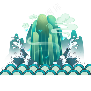 国潮海浪山峰,免抠元素