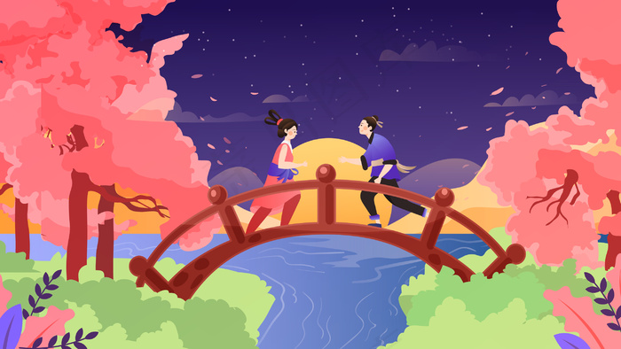 七夕牛郎织女鹊桥相会情人节中国风横幅配图(2880*1620px 300 dpi )