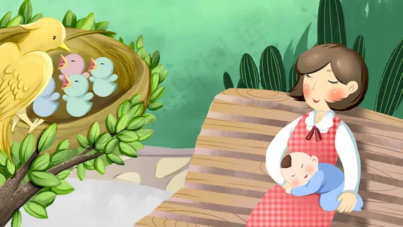 卡通手绘风母亲节母子小鸟配图 卡通手绘风母亲节母子小鸟配图