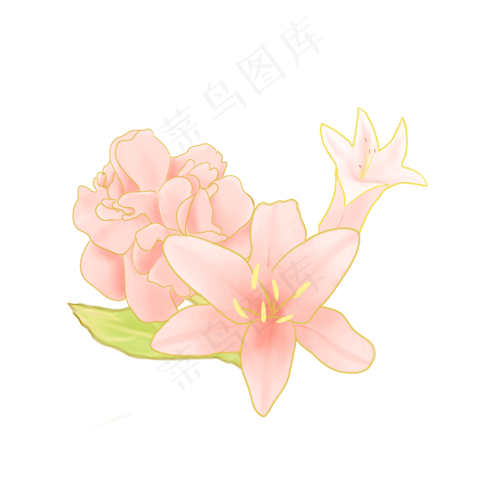 节日金边粉色手绘花叶装饰,免抠元素