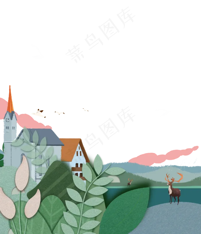 冬日欧洲湖边小镇麋鹿,免抠元素(3000X3500(DPI:300))psd模版下载