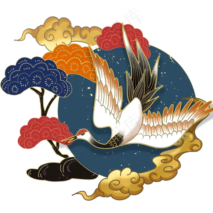 国潮复古中式松树仙鹤,免抠元素