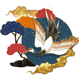 国潮复古中式松树仙鹤,免抠元素