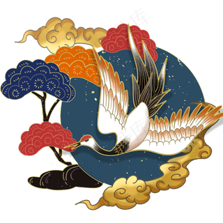 国潮复古中式松树仙鹤,免抠元素