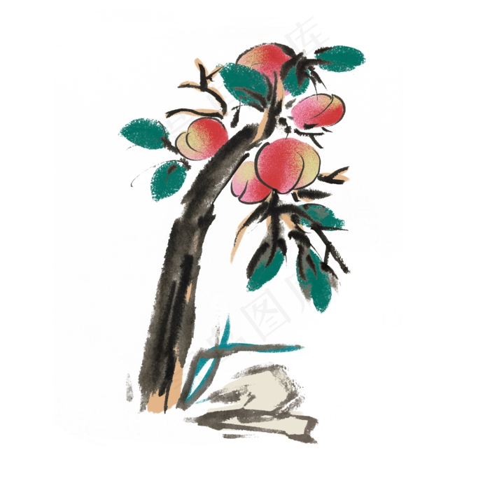 新鲜水果桃子手绘水墨风(4000X4000(DPI:300))psd模版下载