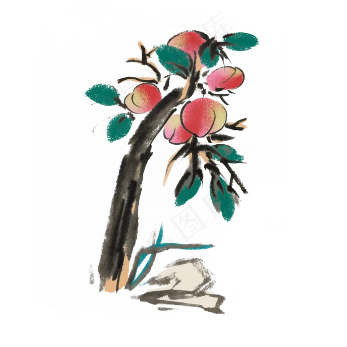 新鲜水果桃子手绘水墨风(4000X4000(DPI:300))psd模版下载