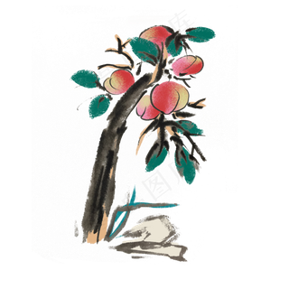 新鲜水果桃子手绘水墨风