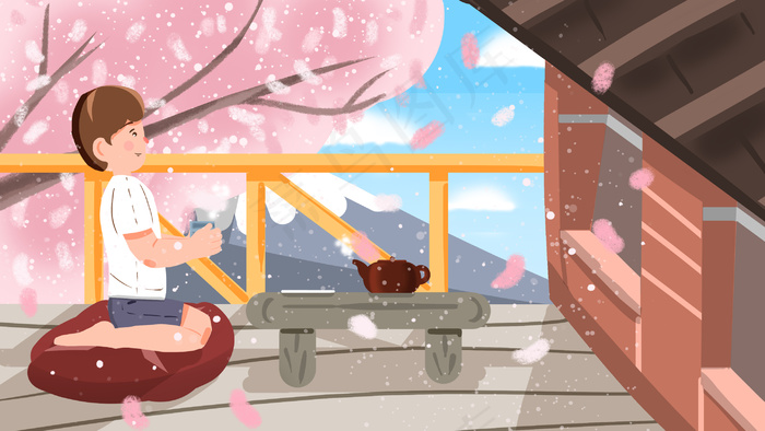 春天春日赏花樱花风景旅游卡通人物插画