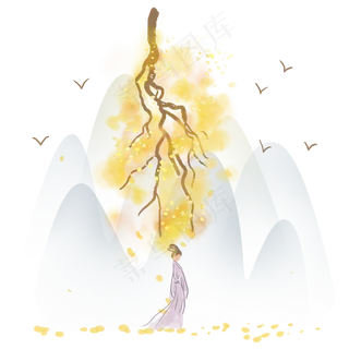 古风秋天山上树下的古代少女,免抠元素