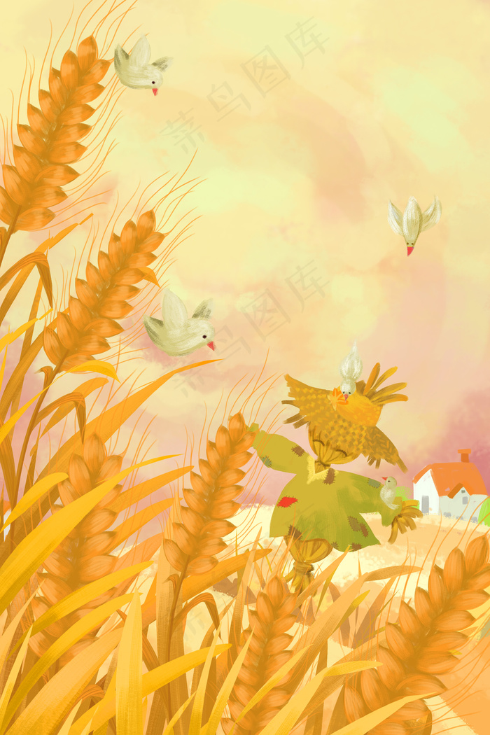 芒种小满黄色肌理麦田稻草人