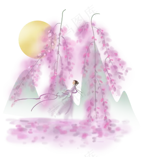 春天紫藤萝树下的古代少女